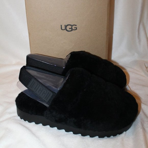 NIB UGG WOMEN'S FLUFF‎ SHEARLING SLIPPER SANDALS BLACK - Picture 2 of 10